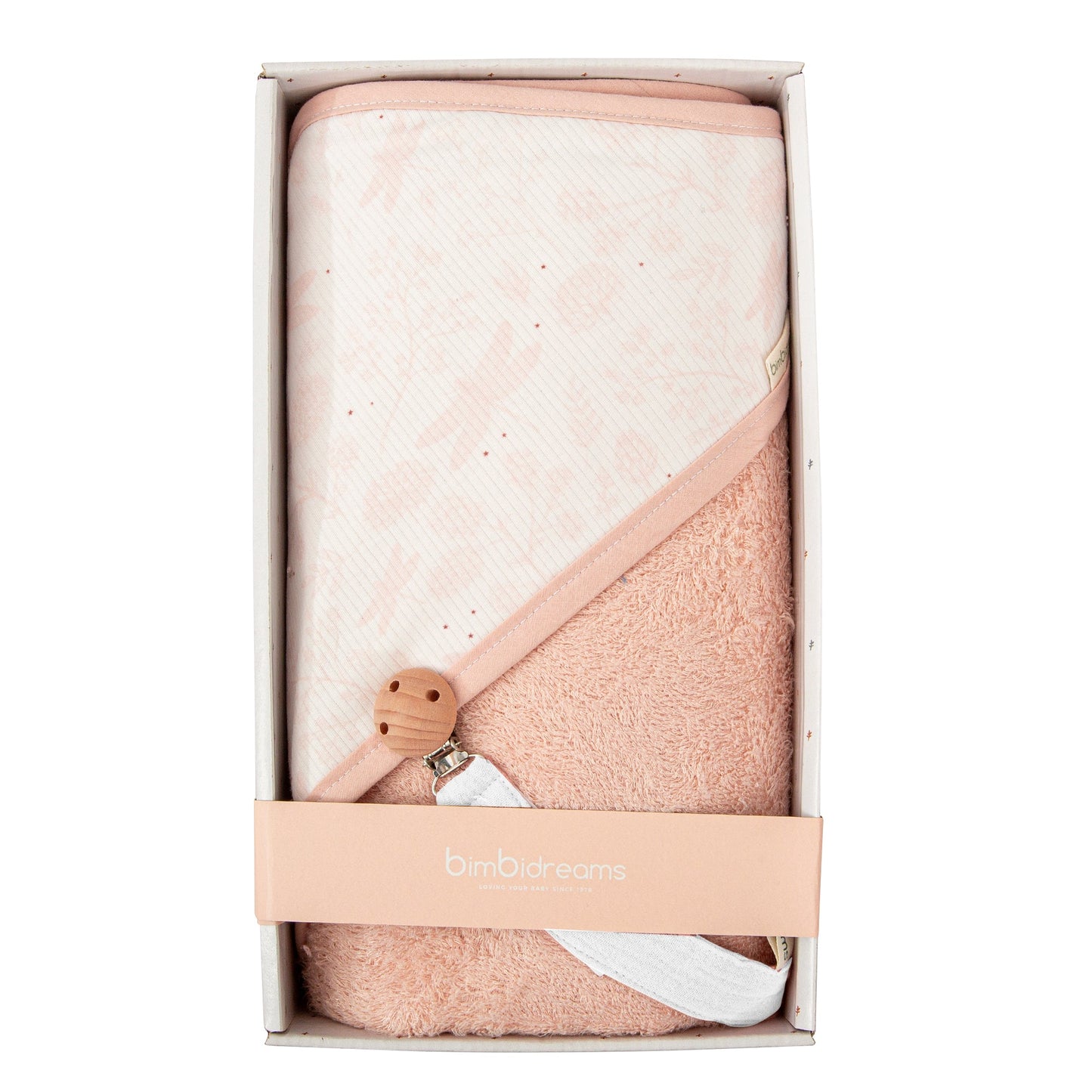 Capa de baño con sujetachupetes - set regalo Dafne Blanco Rosa