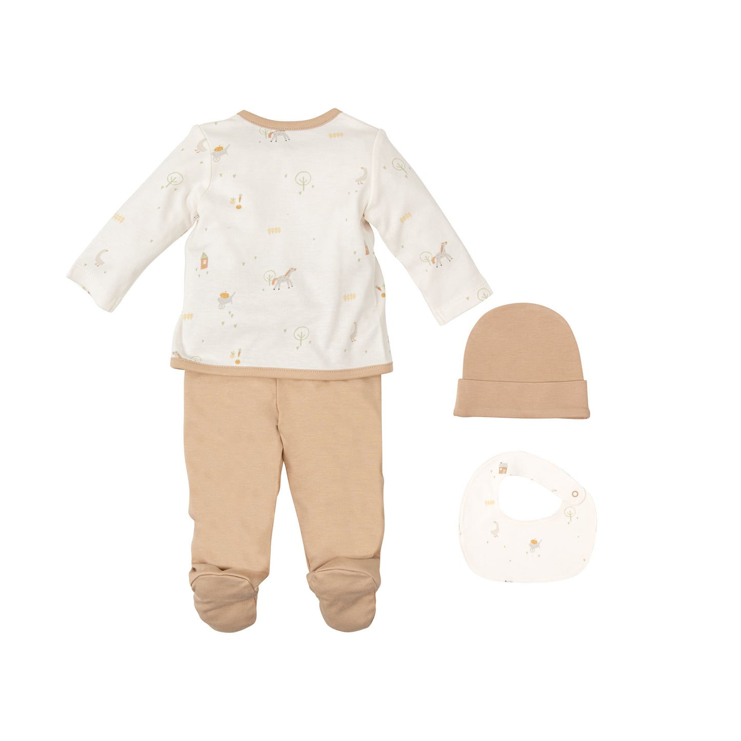 Primera muda ajuar Set nacimiento (Jubón, polaina, gorro y babero 19x19) Farm Blanco/Lino 0-1 mes bimbidreams ropa para bebé niño niña accesorios gnomo kids bogotá colombia