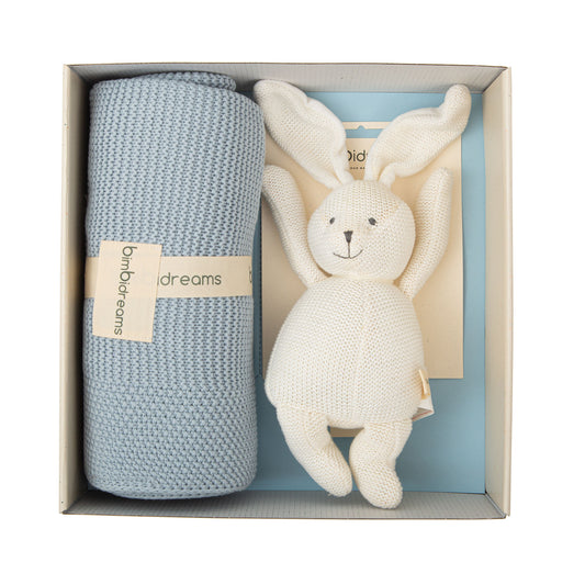 Caja de Regalo Bebé Cobija Tricot Azul y Conejito – Bimbidreams