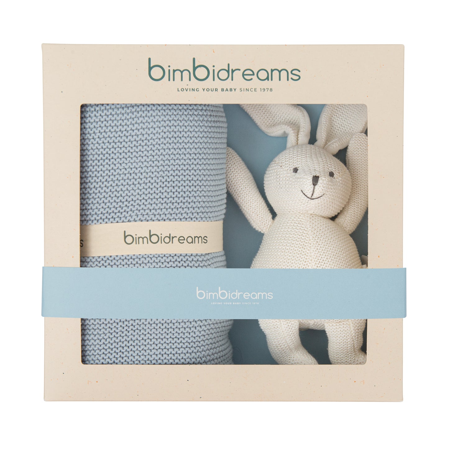 Caja de Regalo Bebé Cobija Tricot Azul y Conejito – Bimbidreams