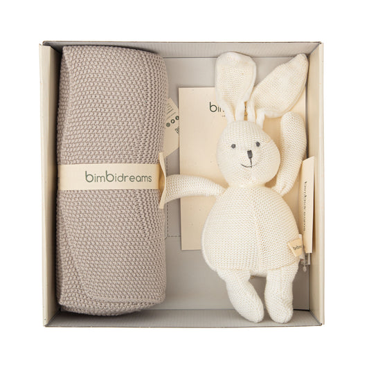 Caja de Regalo Bebé Cobija Tricot Gris y Conejito – Bimbidreams