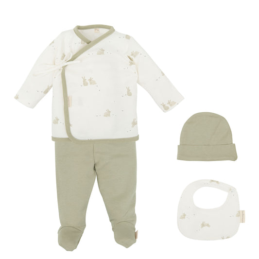 Primera muda ajuar Set nacimiento (Jubón, polaina, gorro y babero 19x19) Bunny Verde musgo 0-1 mes bimbidreams ropa para bebé niño niña accesorios gnomo kids bogotá colombia