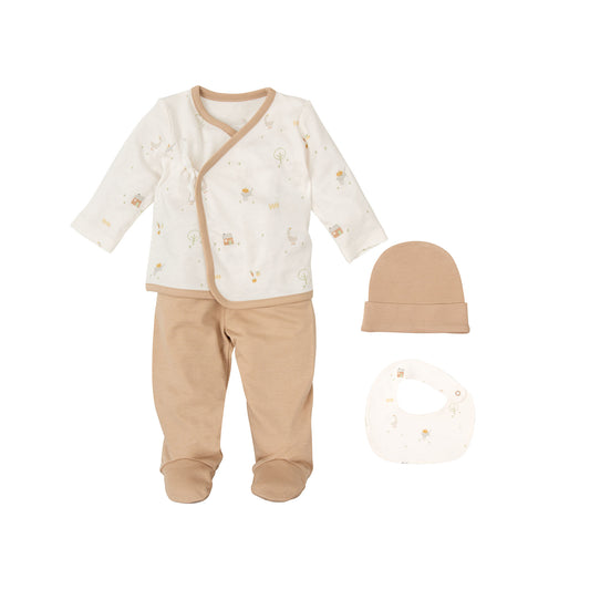 Primera muda ajuar Set nacimiento (Jubón, polaina, gorro y babero 19x19) Farm Blanco/Lino 0-1 mes bimbidreams ropa para bebé niño niña accesorios gnomo kids bogotá colombia