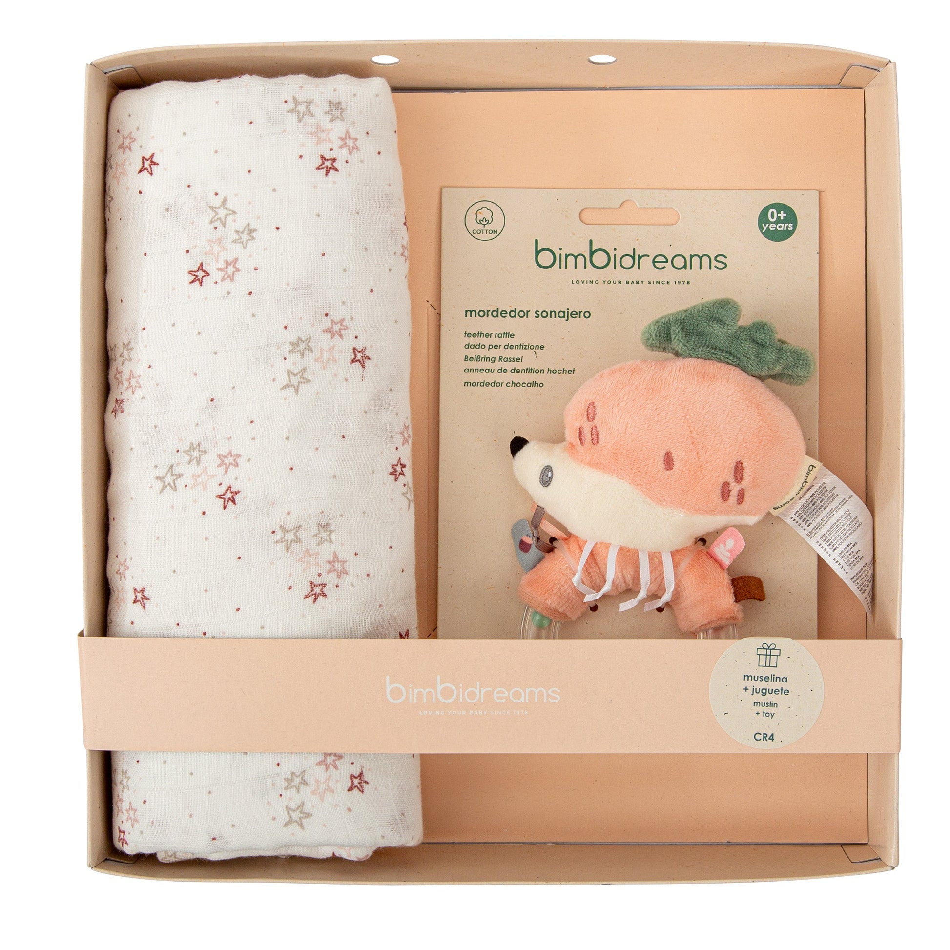 Muselina con mordedor - set regalo Stars Blanco Rosa
